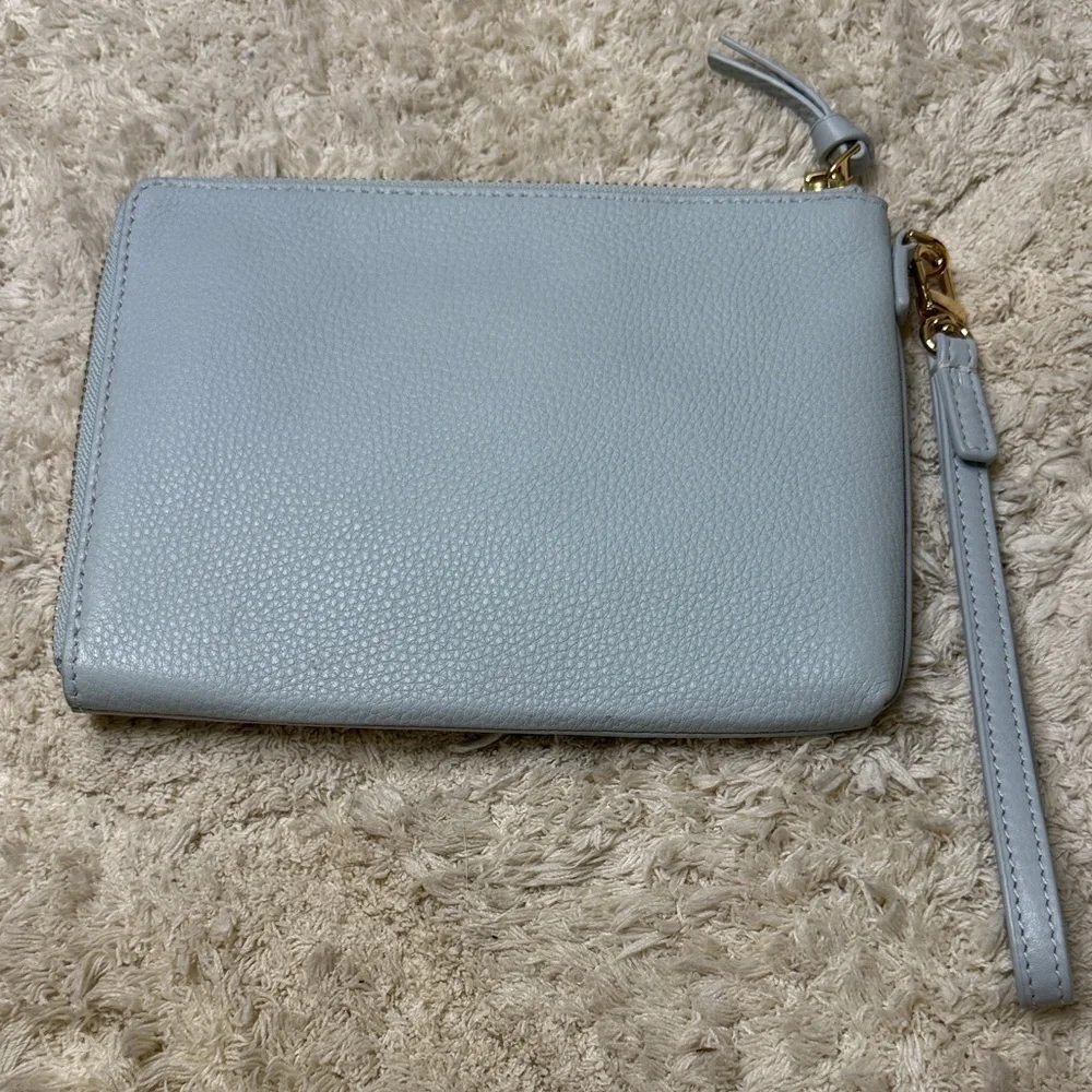 Tory Burch Sky Blue Britten Large Zip Pouch Wristlet with Gold Logo